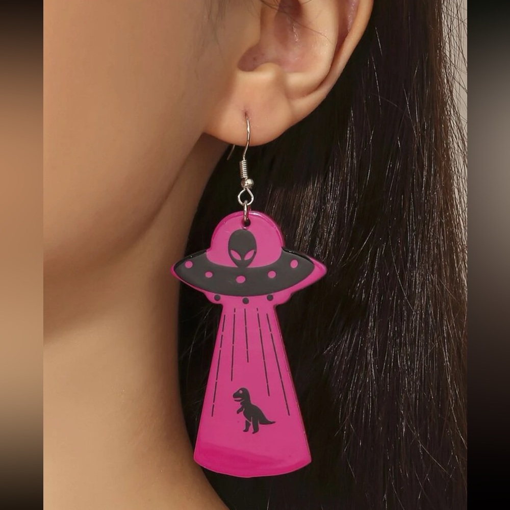 🛸 Awesome UFO Dino Dinosaur T-Rex Tyrannosaurus Rex Beam Drop Earrings 🦖